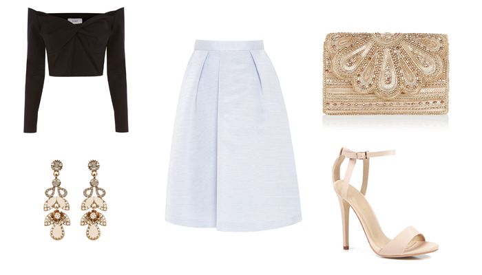 skirt and top wedding guest outfit