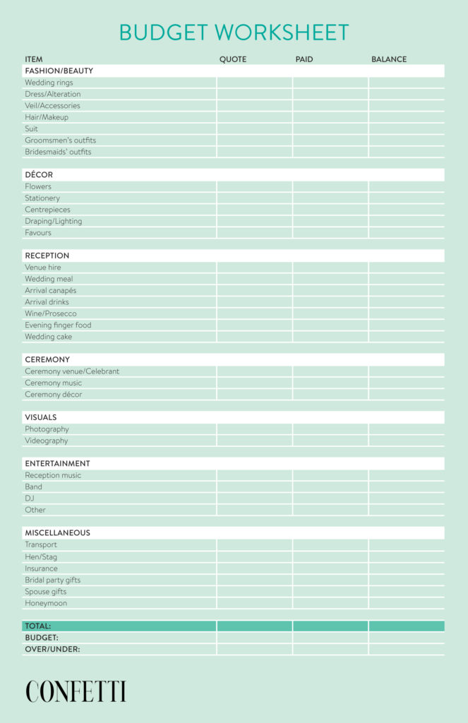 Printable Wedding Budget Chart